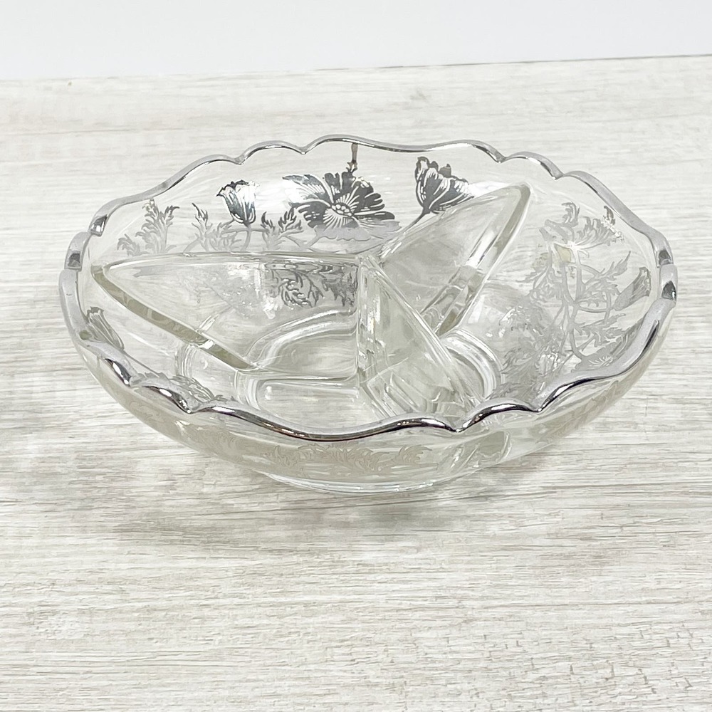 Silver Overlay‎ Divided Bowl Poppies Scalloped Edge Silver City Hampton 6.5" EUC